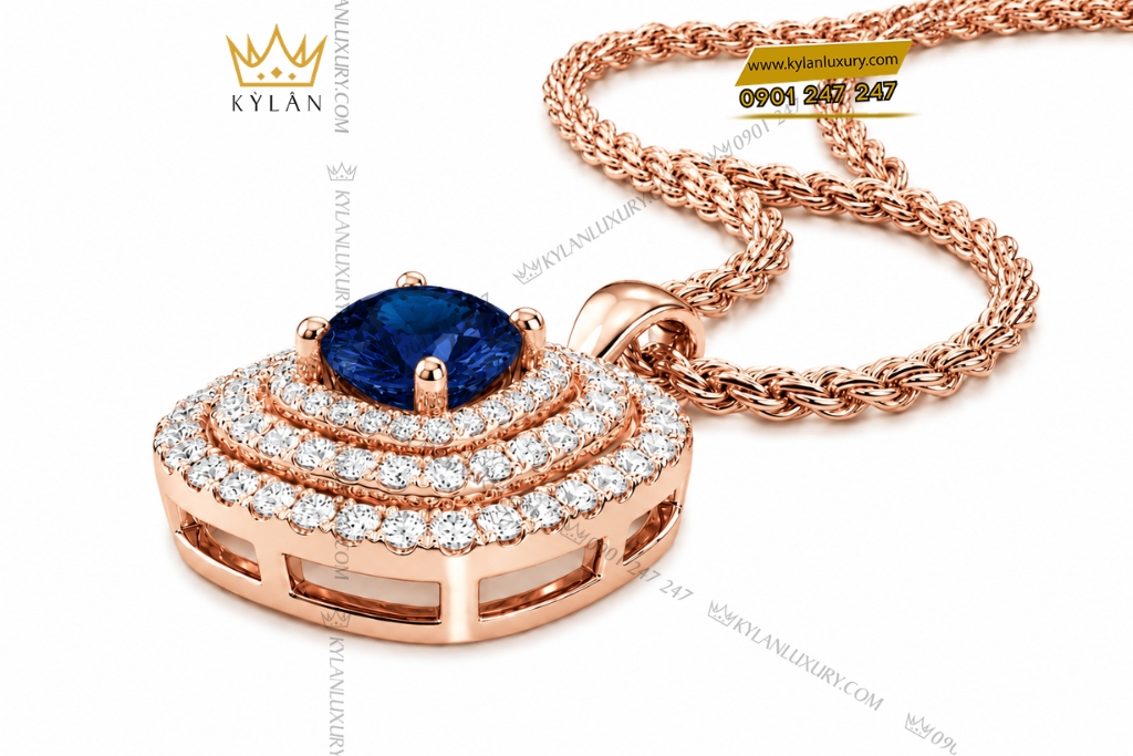 Dây chuyền vàng hồng Au750 đính sapphire xanh