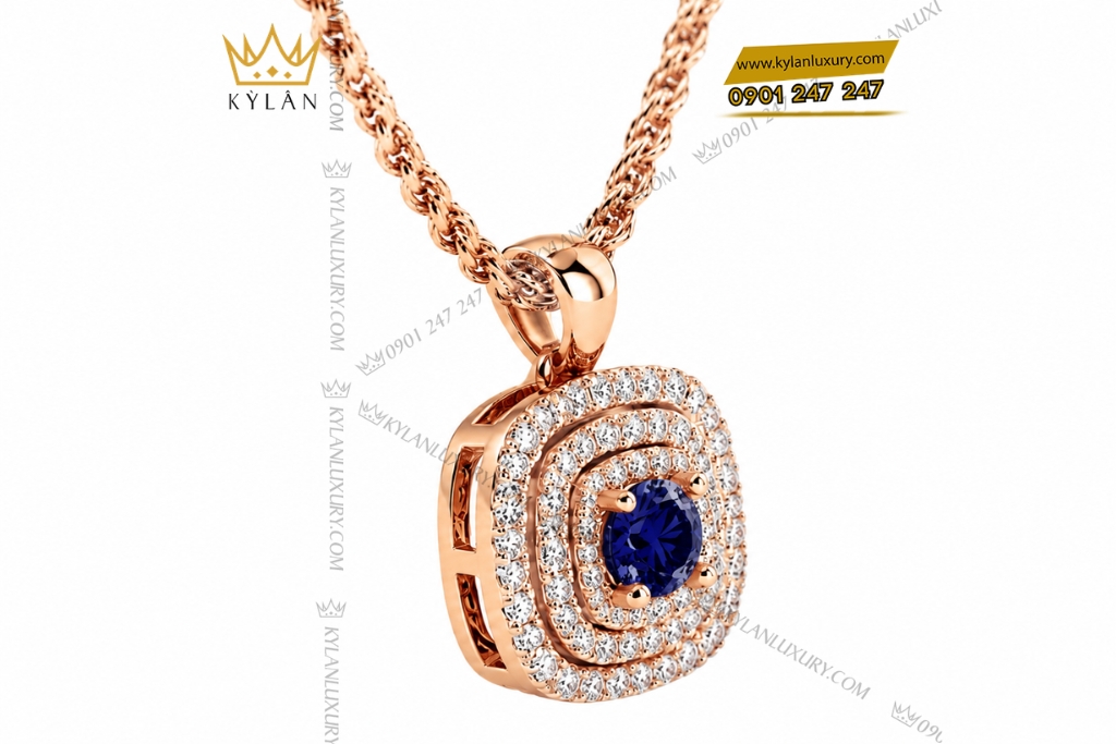 Dây chuyền vàng hồng Au750 đính sapphire xanh