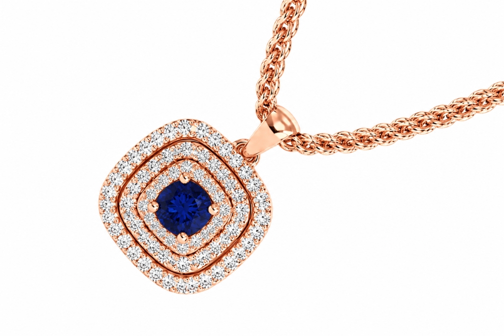 Kỳ Lân Luxury Day chuyen vang hong Au750 dinh sapphire xanh 7 Dây chuyền vàng hồng Au750 đính sapphire xanh