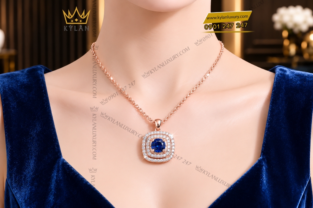Dây chuyền vàng hồng Au750 đính sapphire xanh