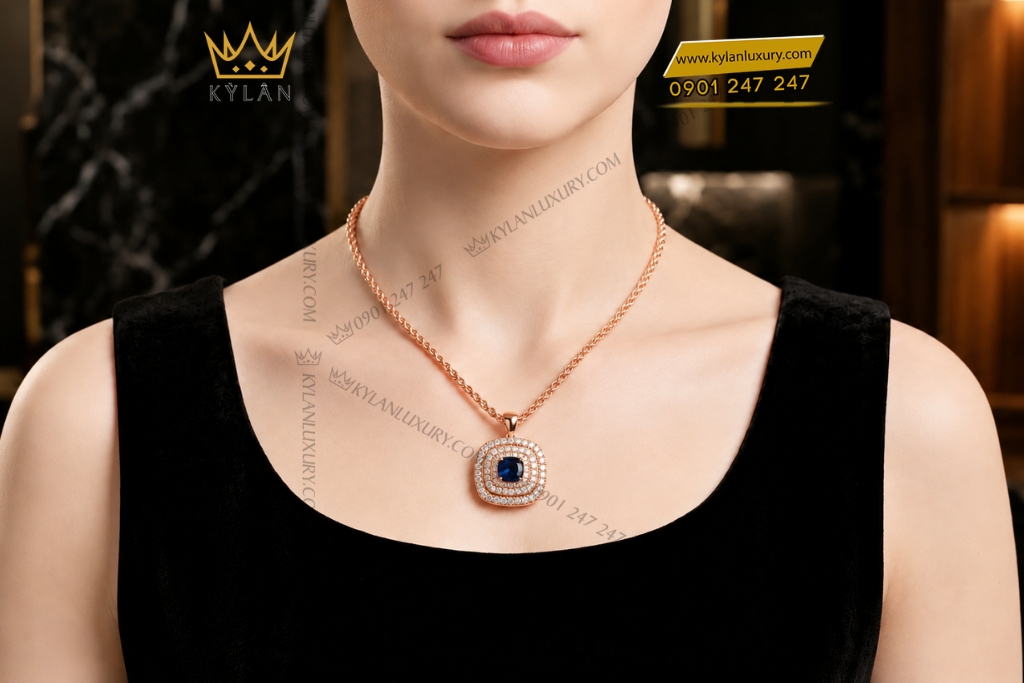 Kỳ Lân Luxury Day chuyen vang hong Au750 dinh sapphire xanh 9 Dây chuyền vàng hồng Au750 đính sapphire xanh