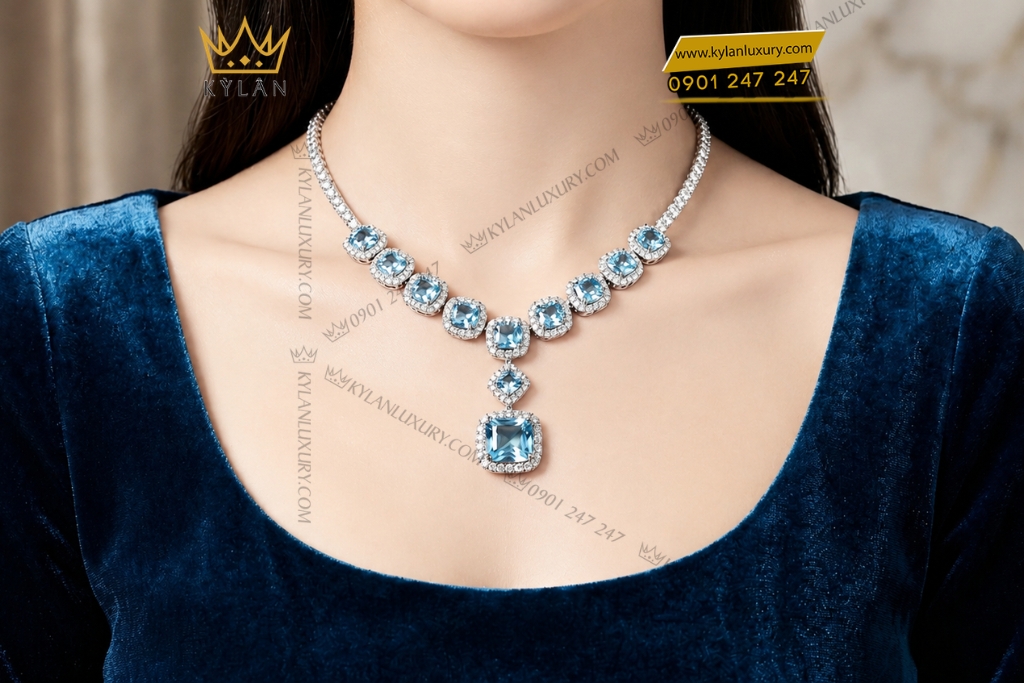 Dây chuyền vàng trắng Au750 đính đá Topaz
