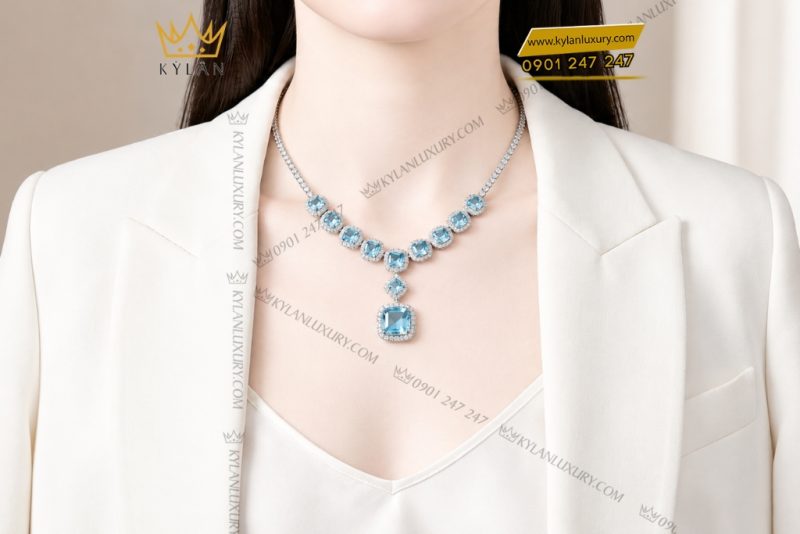 Dây chuyền vàng trắng Au750 đính đá Topaz