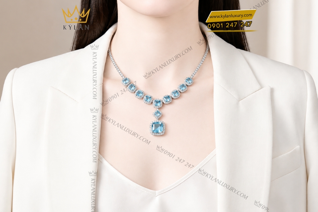 Dây chuyền vàng trắng Au750 đính đá Topaz