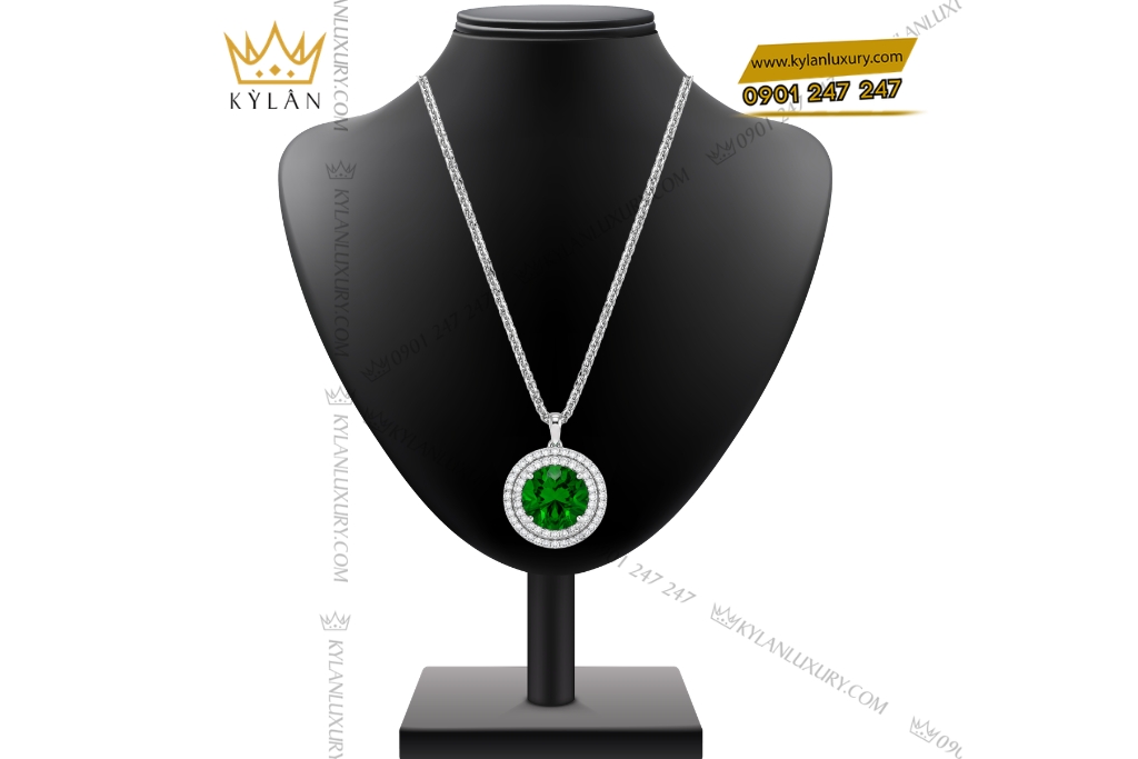 Kỳ Lân Luxury Day chuyen vang trang Au750 dinh da sapphire xanh la 2 Dây chuyền vàng trắng Au750 đính đá sapphire xanh lá