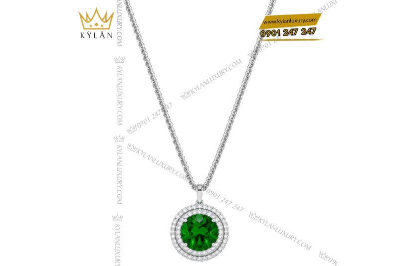 Dây chuyền vàng trắng Au750 đính đá sapphire xanh lá