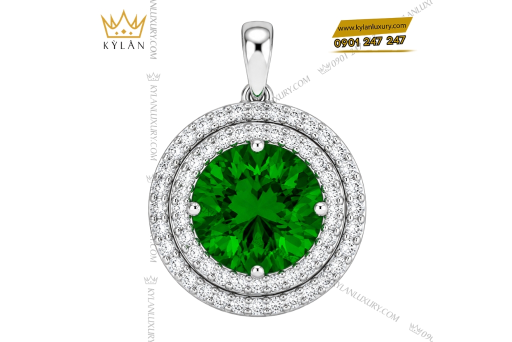 Dây chuyền vàng trắng Au750 đính đá sapphire xanh lá