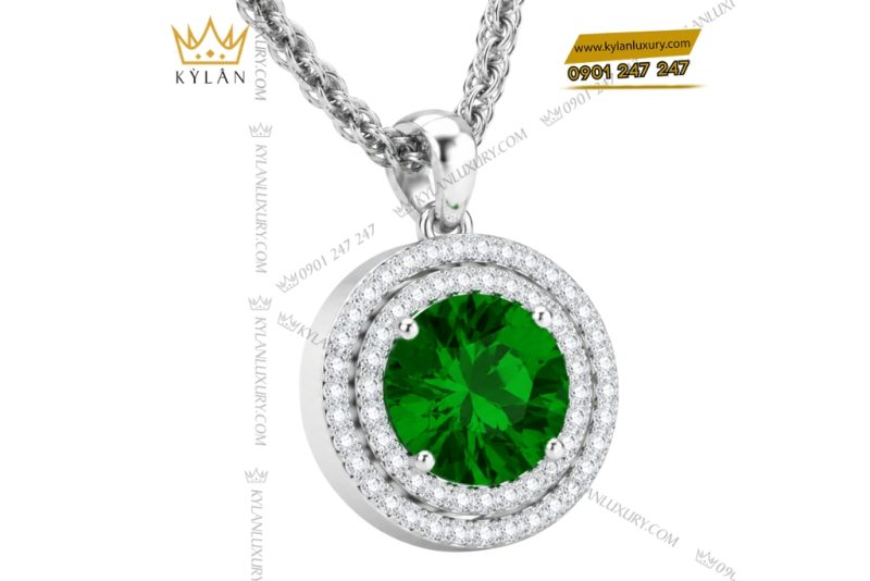 Dây chuyền vàng trắng Au750 đính đá sapphire xanh lá