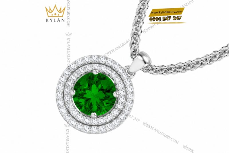 Dây chuyền vàng trắng Au750 đính đá sapphire xanh lá