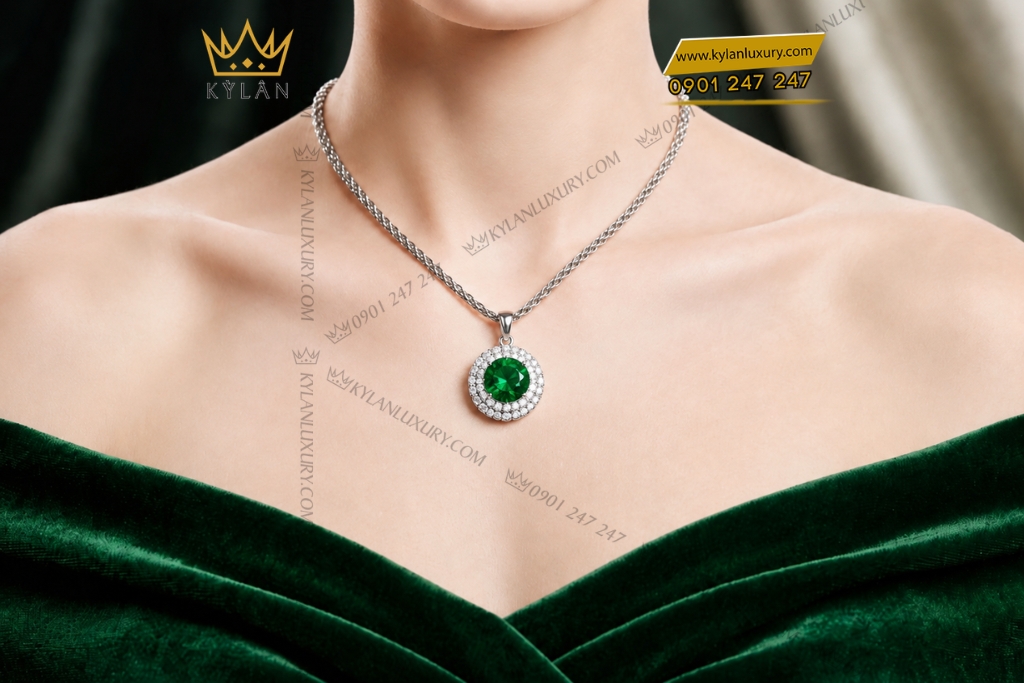 Dây chuyền vàng trắng Au750 đính đá sapphire xanh lá