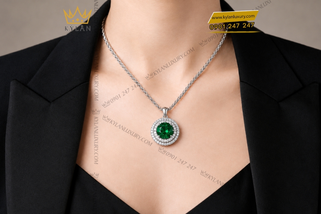 Kỳ Lân Luxury Day chuyen vang trang Au750 dinh da sapphire xanh la 8 Dây chuyền vàng trắng Au750 đính đá sapphire xanh lá