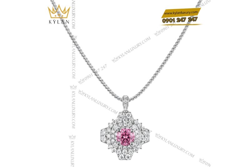 Dây chuyền vàng trắng Au750 đính kim cương và sapphire hồng