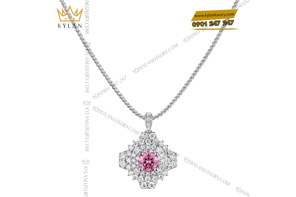 Dây chuyền vàng trắng Au750 đính kim cương và sapphire hồng