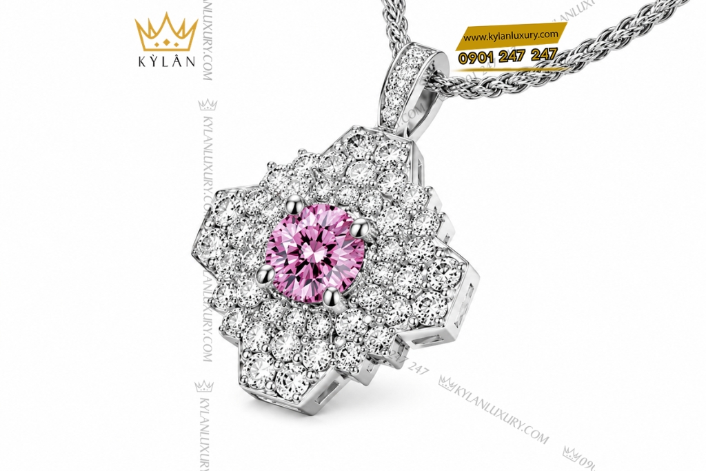 Kỳ Lân Luxury Day chuyen vang trang Au750 dinh kim cuong va sapphire hong 6 1 Dây chuyền vàng trắng Au750 đính kim cương và sapphire hồng