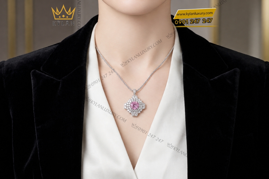 Dây chuyền vàng trắng Au750 đính kim cương và sapphire hồng