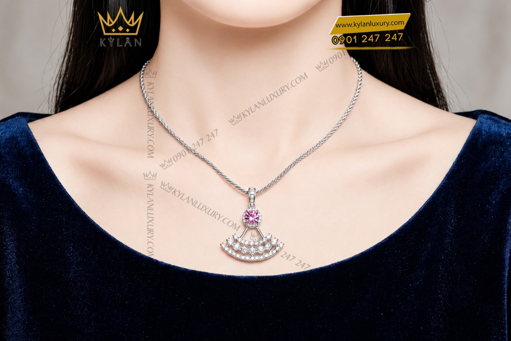 Dây chuyền vàng trắng Au750 đính kim cương và sapphire hồng 4 Dây chuyền vàng trắng Au750 đính kim cương và sapphire hồng