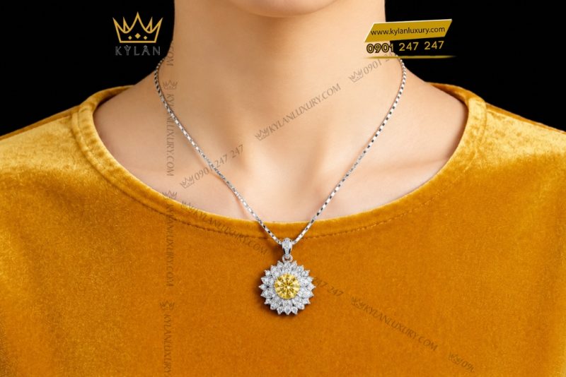 Dây chuyền vàng trắng Au750 đính kim cương và sapphire vàng