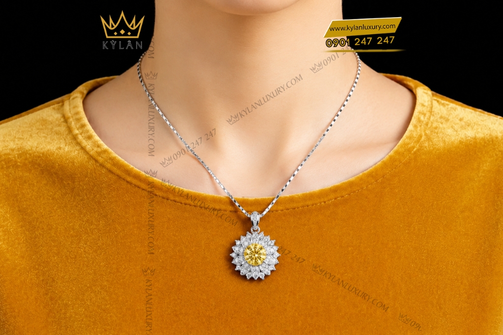 Dây chuyền vàng trắng Au750 đính kim cương và sapphire vàng