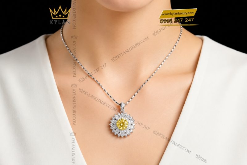 Dây chuyền vàng trắng Au750 đính kim cương và sapphire vàng