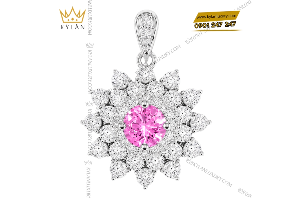 Dây chuyền vàng trắng Au750 đính sapphire hồng