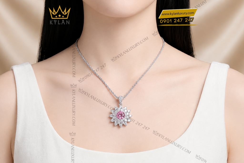 Dây chuyền vàng trắng Au750 đính sapphire hồng