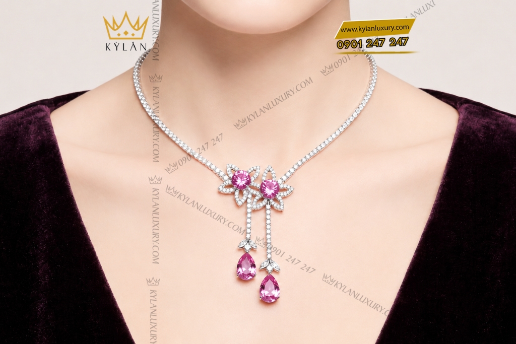 Kỳ Lân Luxury Day chuyen vang trang Au750 dinh sapphire hong 7 Dây chuyền vàng trắng Au750 đính sapphire hồng