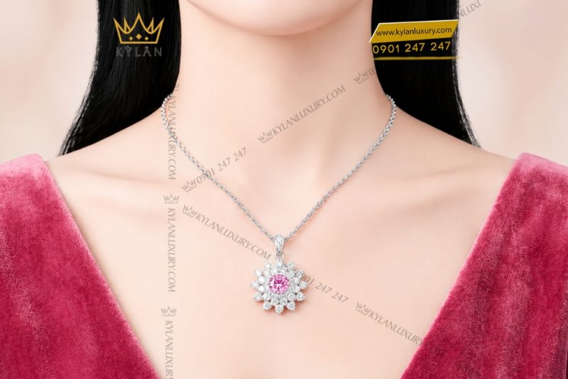 Dây chuyền vàng trắng Au750 đính sapphire hồng
