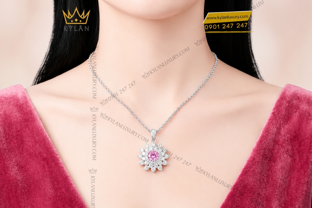 Dây chuyền vàng trắng Au750 đính sapphire hồng
