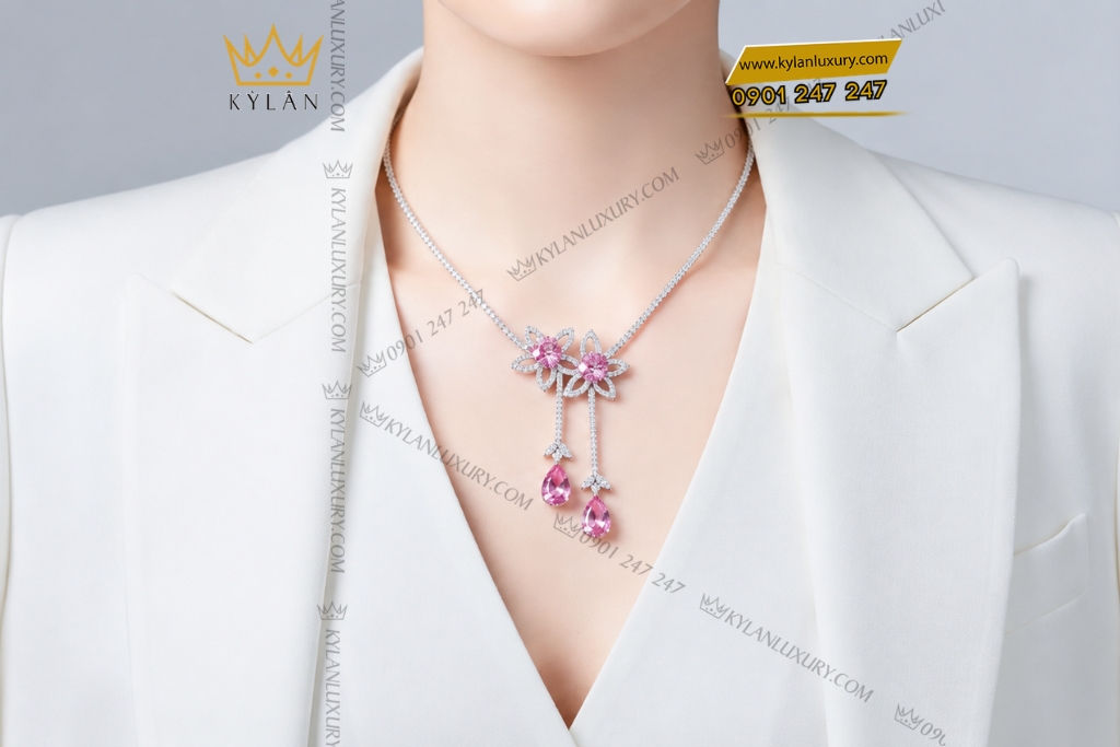 Dây chuyền vàng trắng Au750 đính sapphire hồng