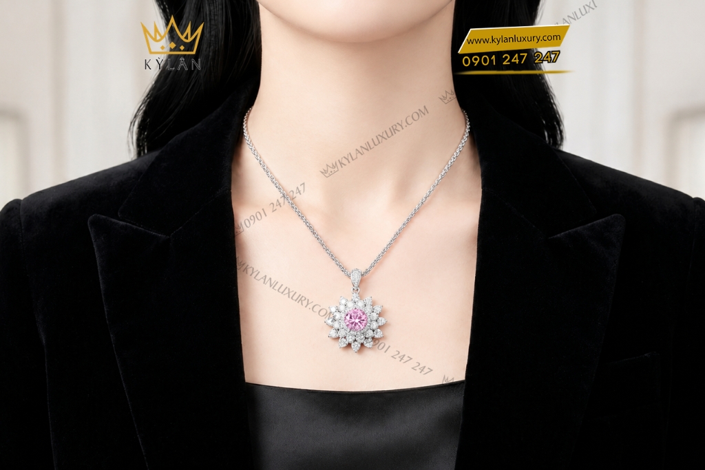 Dây chuyền vàng trắng Au750 đính sapphire hồng