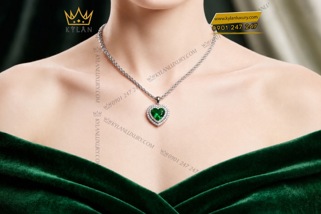 Kỳ Lân Luxury Day chuyen vang trang Au750 dinh sapphire xanh la 7 Dây chuyền vàng trắng Au750 đính sapphire xanh lá