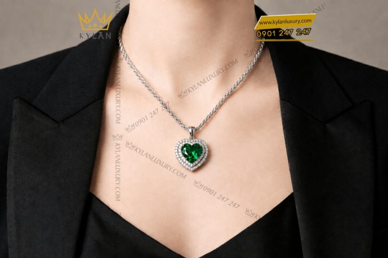Dây chuyền vàng trắng Au750 đính sapphire xanh lá