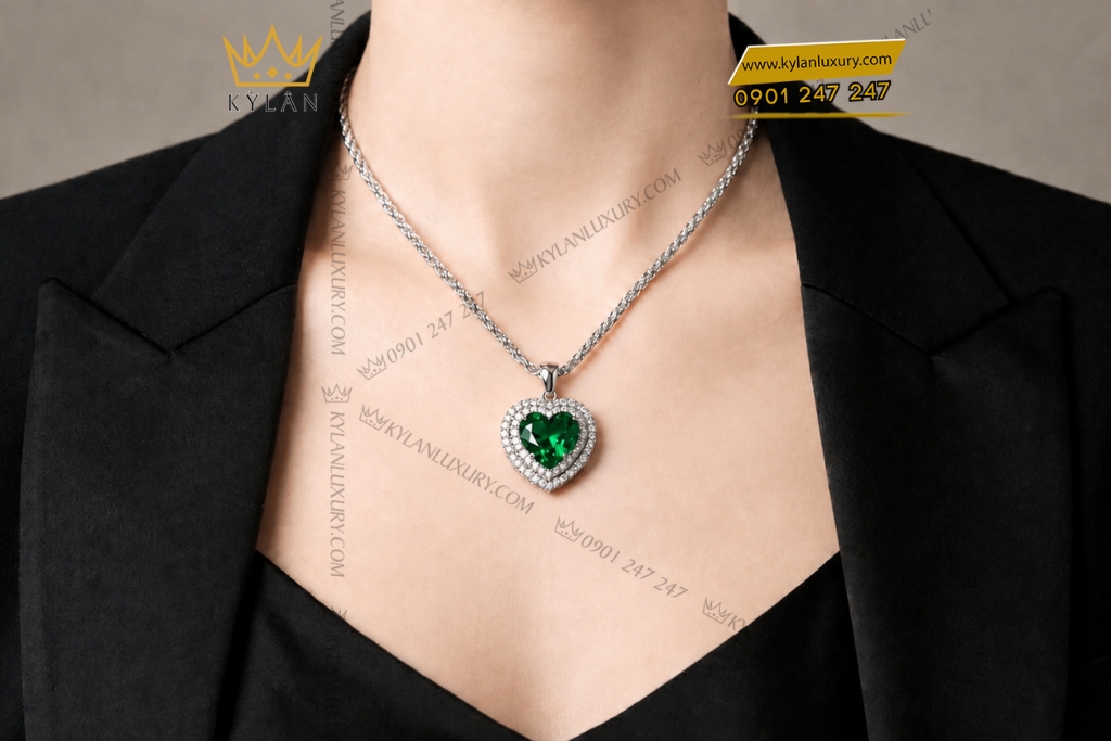 Dây chuyền vàng trắng Au750 đính sapphire xanh lá