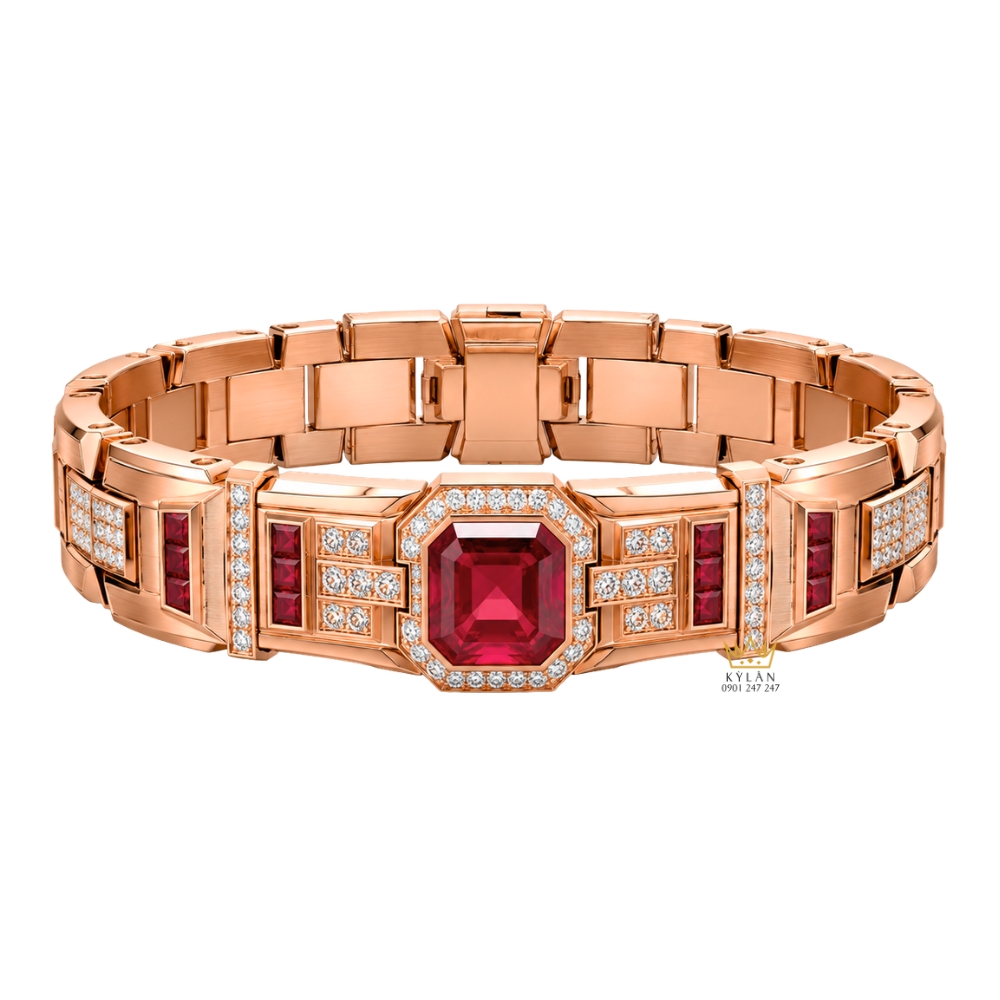 Lắc tay nam vàng hồng Au750 đính kim cương trắng và sapphire đỏ