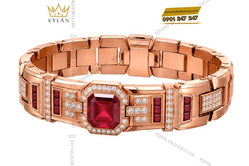 Lắc tay nam vàng hồng Au750 đính kim cương trắng và sapphire đỏ
