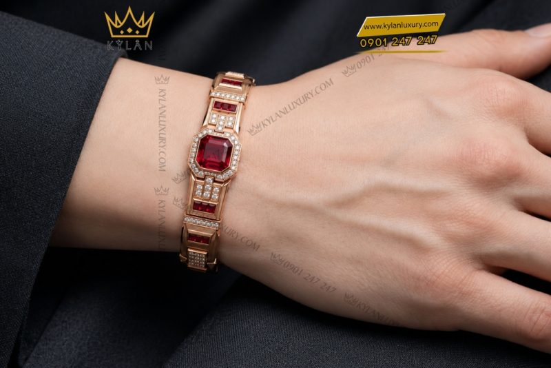 Lắc tay nam vàng hồng Au750 đính kim cương trắng và sapphire đỏ
