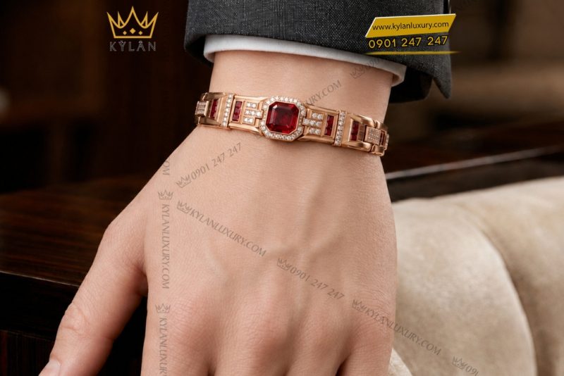 Lắc tay nam vàng hồng Au750 đính kim cương trắng và sapphire đỏ