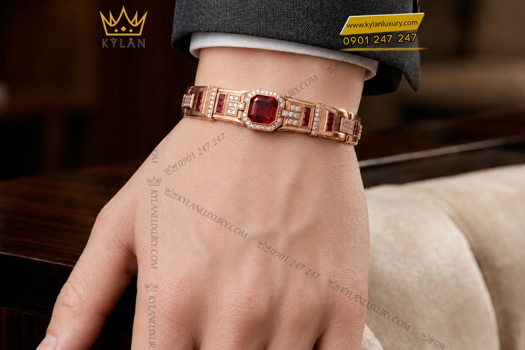 Kỳ Lân Luxury Lac tay nam vang hong Au750 dinh kim cuong trang va sapphire do 8 Lắc tay nam vàng hồng Au750 đính kim cương trắng và sapphire đỏ