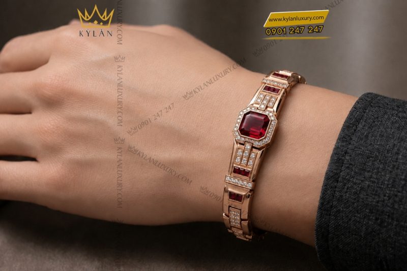 Lắc tay nam vàng hồng Au750 đính kim cương trắng và sapphire đỏ