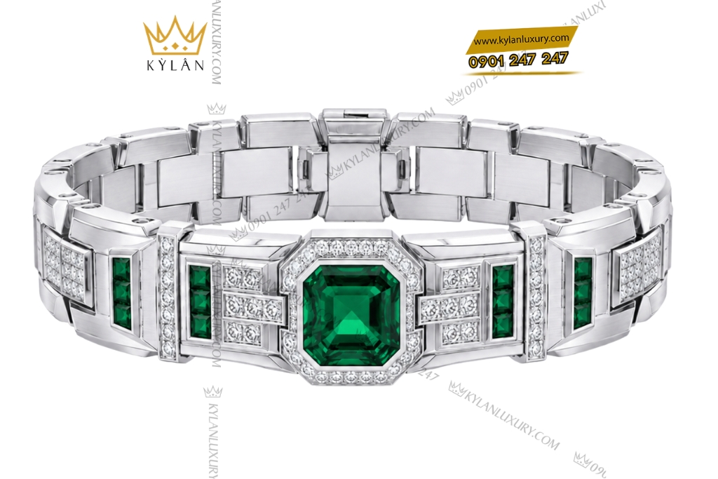 Lắc tay nam vàng trắng Au750 đính ngọc lục bảo 8 Kỳ Lân Luxury Lac tay nam vang trang Au750 dinh ngoc luc bao 2 Lắc tay nam vàng trắng Au750 đính ngọc lục bảo