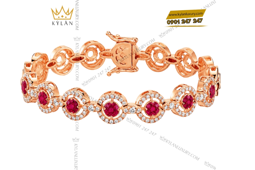 Lắc tay vàng hồng Au750 đính sapphire đỏ