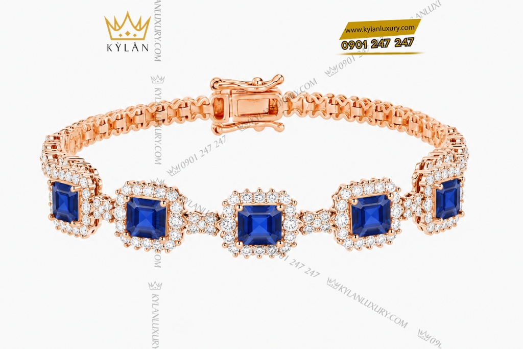 Lắc tay vàng hồng Au750 đính sapphire xanh