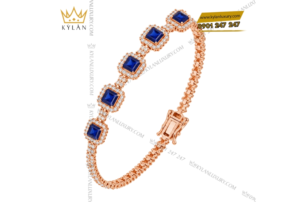 Kỳ Lân Luxury Lac tay vang hong Au750 dinh sapphire xanh 5 Lắc tay vàng hồng Au750 đính sapphire xanh