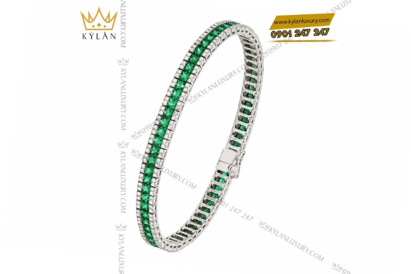 Lắc tay vàng trắng Au750 đính ngọc lục bảo