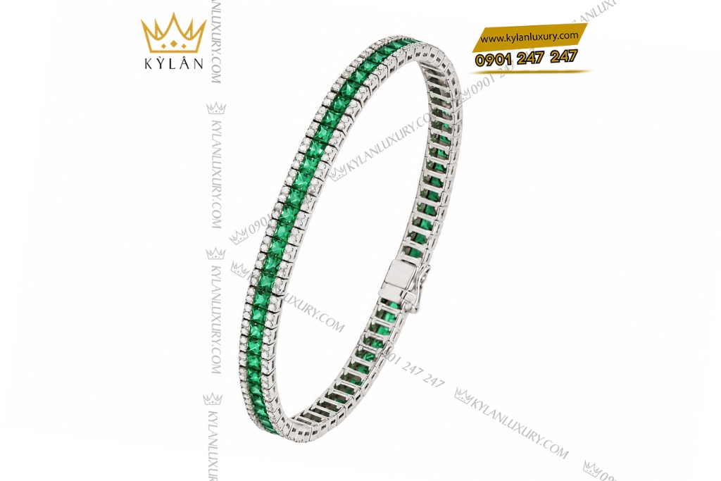 Lắc tay vàng trắng Au750 đính ngọc lục bảo