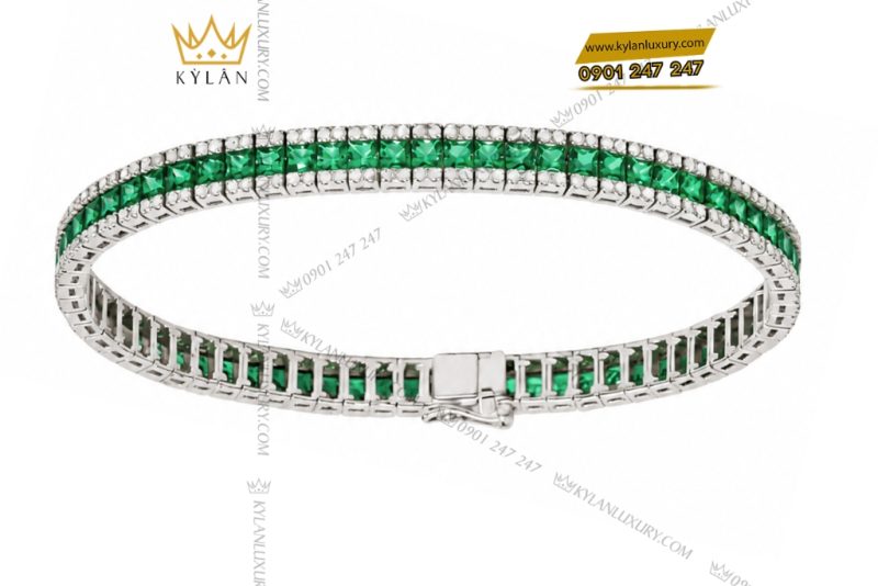 Lắc tay vàng trắng Au750 đính ngọc lục bảo