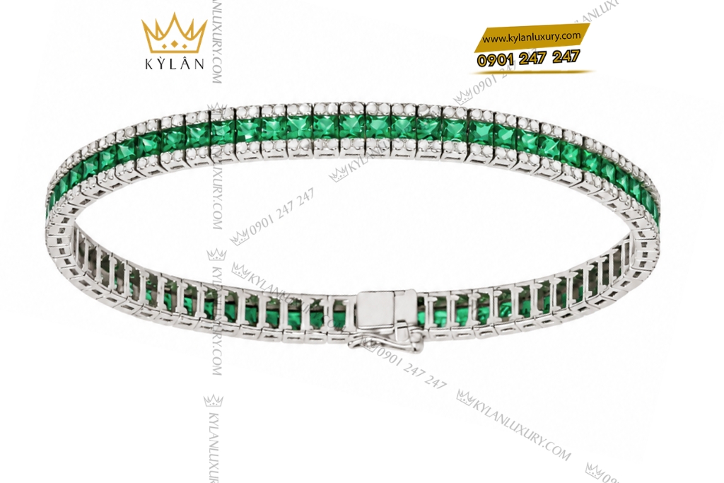 Kỳ Lân Luxury Lac tay vang trang Au750 dinh ngoc luc bao 5 Lắc tay vàng trắng Au750 đính ngọc lục bảo