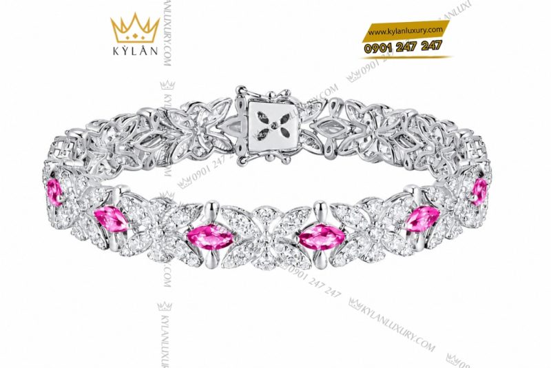 Lắc tay vàng trắng Au750 đính sapphire hồng