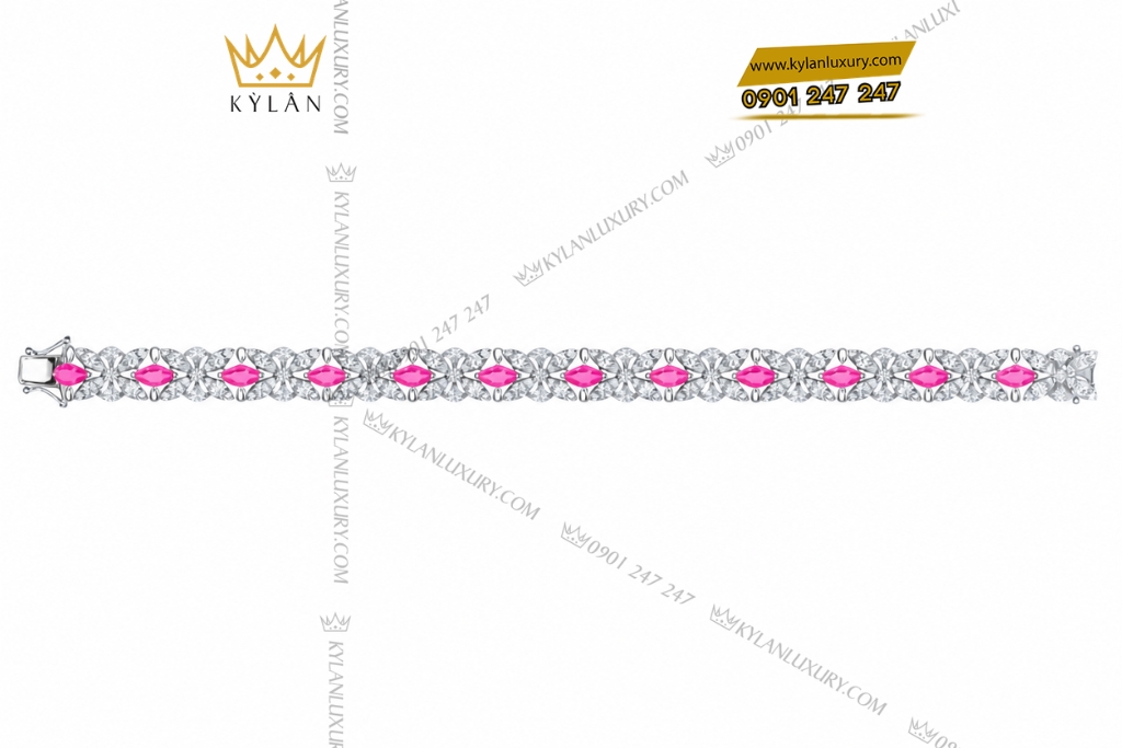 Kỳ Lân Luxury Lac tay vang trang Au750 dinh sapphire hong 3 Lắc tay vàng trắng Au750 đính sapphire hồng