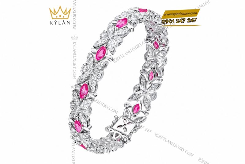 Lắc tay vàng trắng Au750 đính sapphire hồng